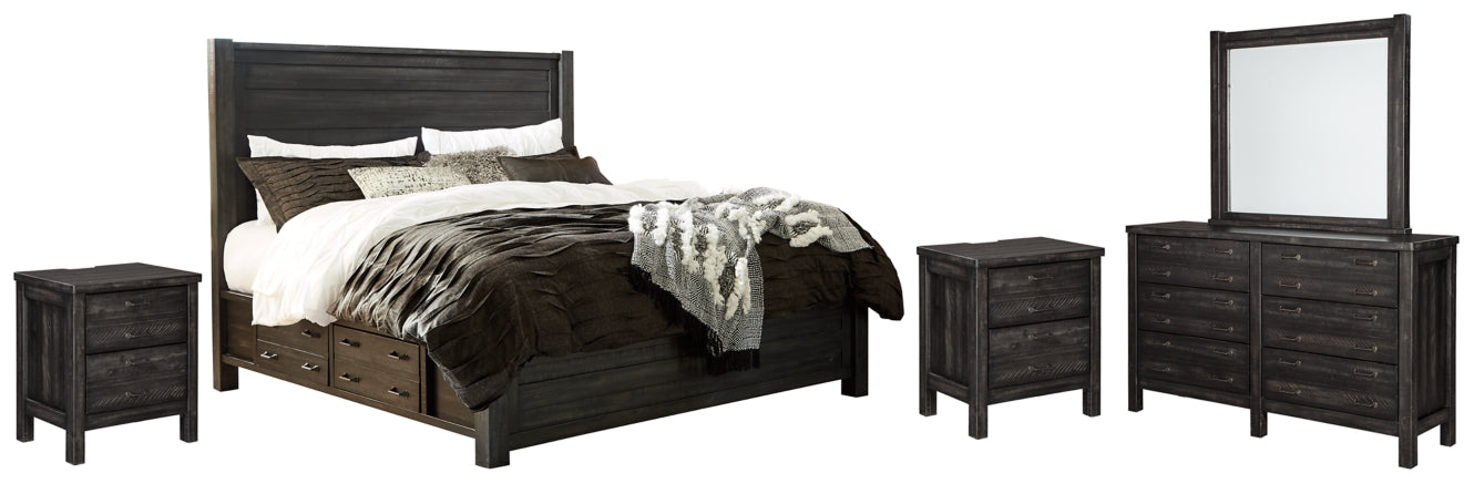 Baylow Queen Panel Bed with 4 Storage Drawers with Mirrored Dresser and 2 Nightstands - furniture place usa