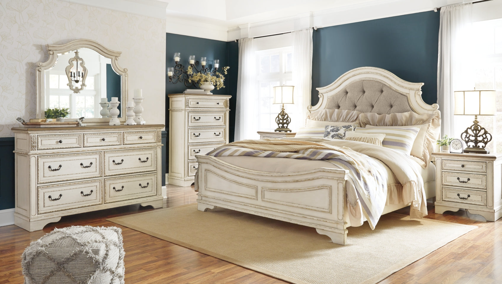 Realyn Queen Upholstered Panel Bed with Mirrored Dresser, Chest and 2 Nightstands - furniture place usa