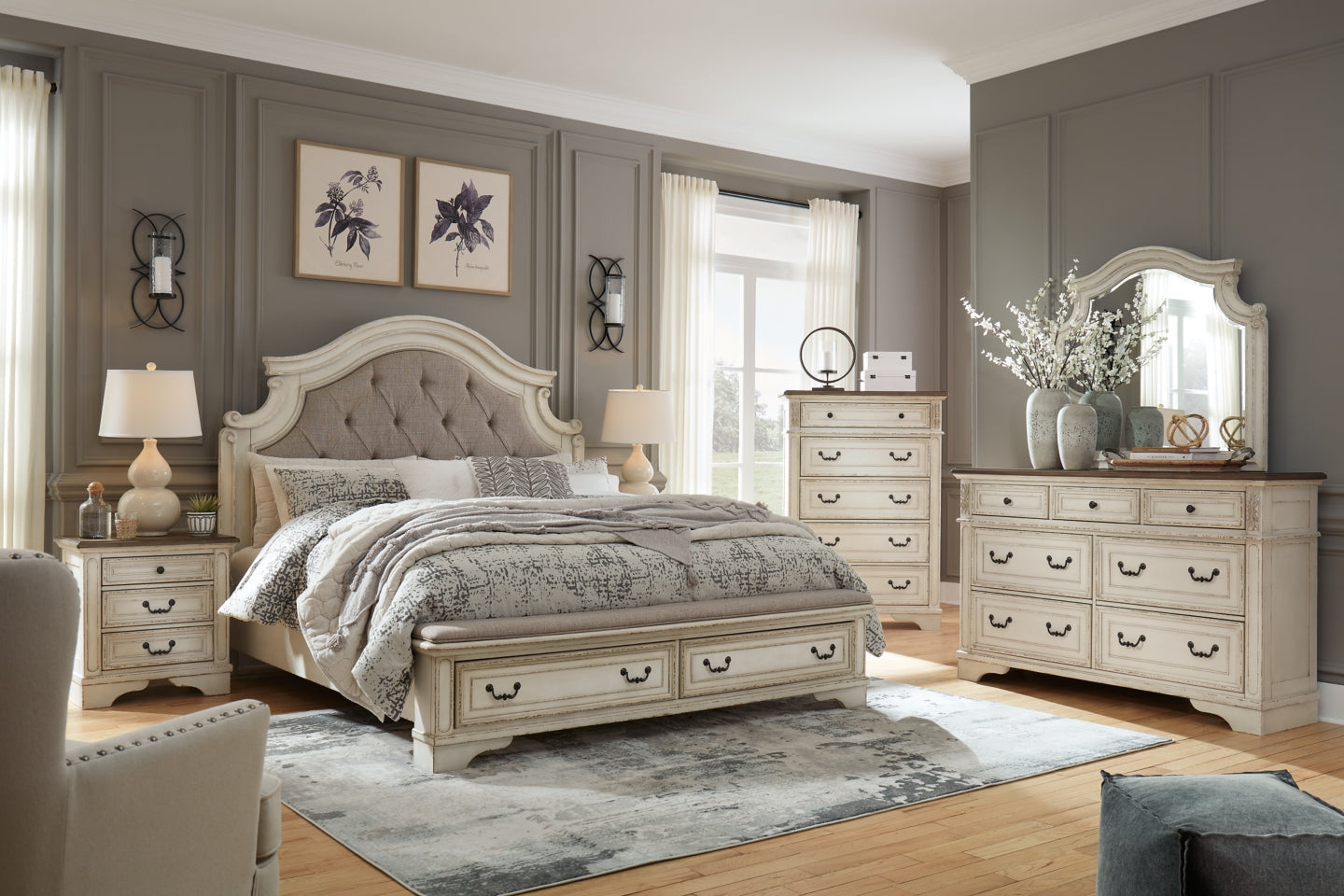 Realyn King Upholstered Bed with Mirrored Dresser and Chest - furniture place usa