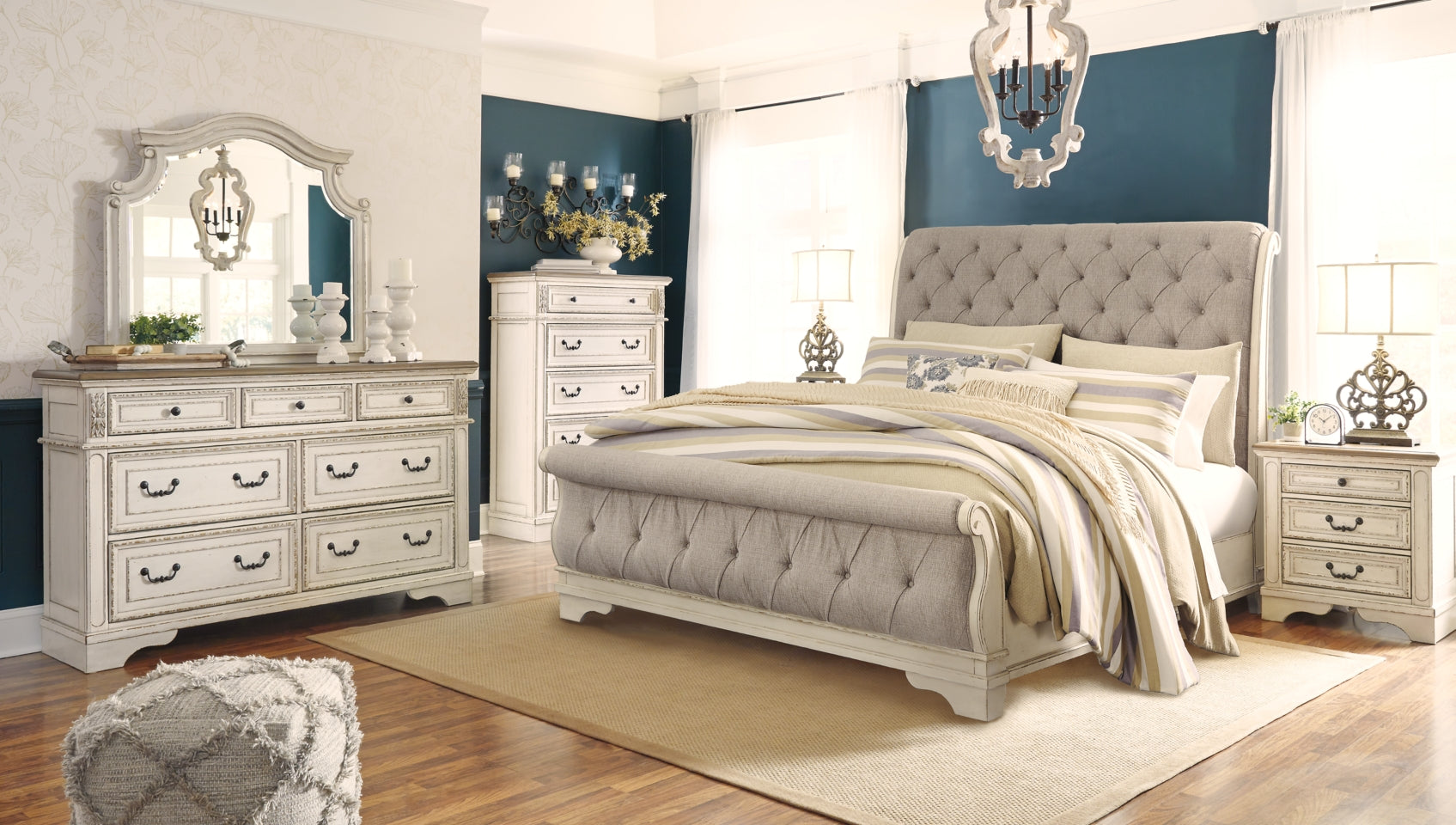 Realyn California King Sleigh Bed with Mirrored Dresser, Chest and Nightstand - furniture place usa