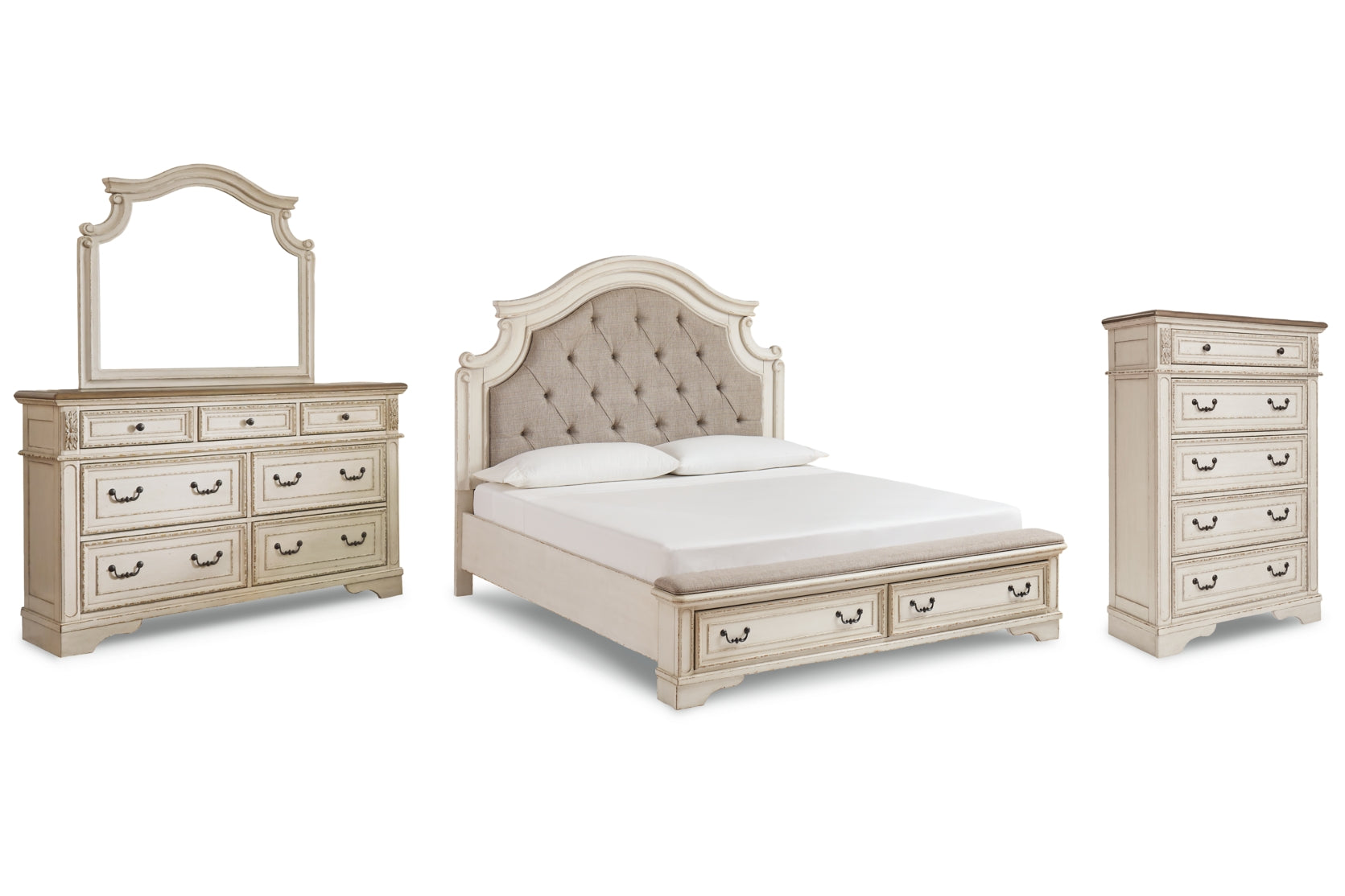 Realyn California King Upholstered Bed with Mirrored Dresser and Chest - furniture place usa