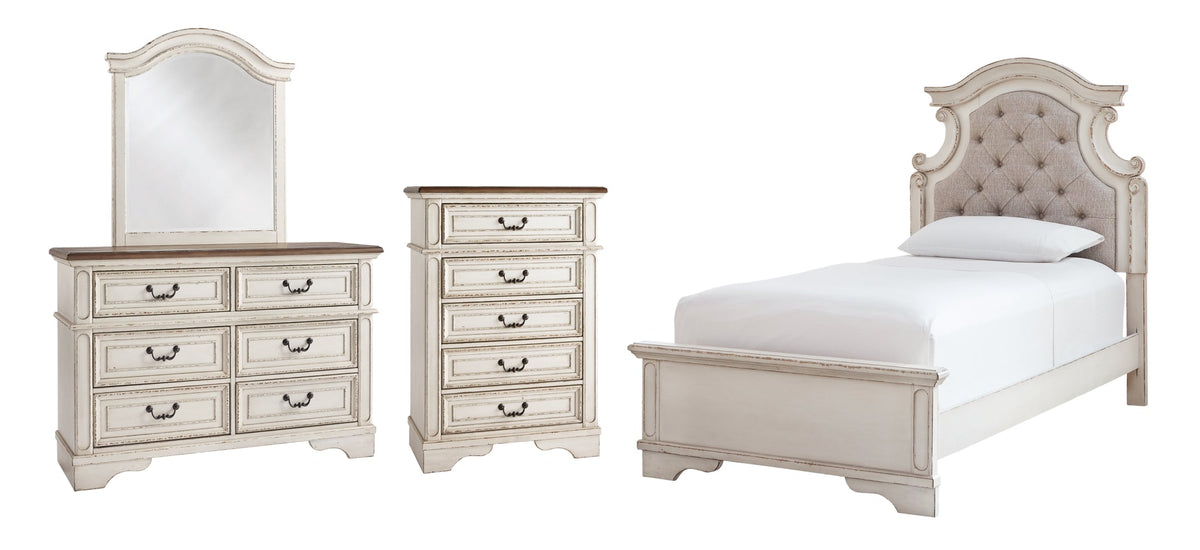 Realyn Twin Panel Bed with Mirrored Dresser and Chest - furniture place usa