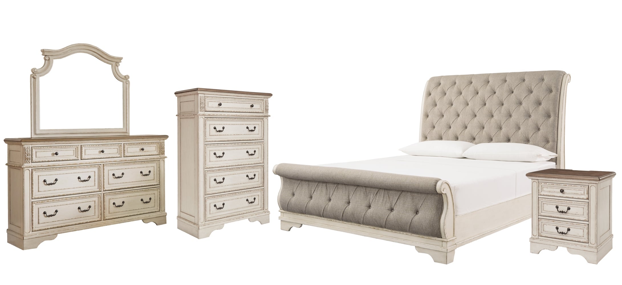 Realyn California King Sleigh Bed with Mirrored Dresser, Chest and Nightstand - furniture place usa