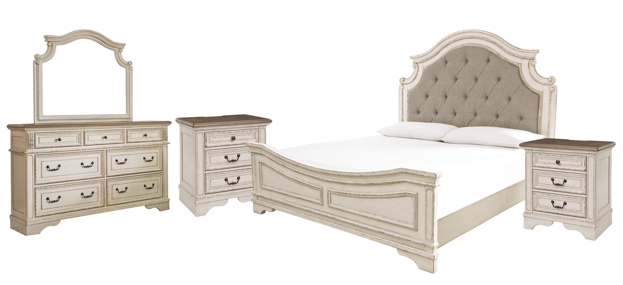 Realyn California King Upholstered Panel Bed with Mirrored Dresser and 2 Nightstands - furniture place usa
