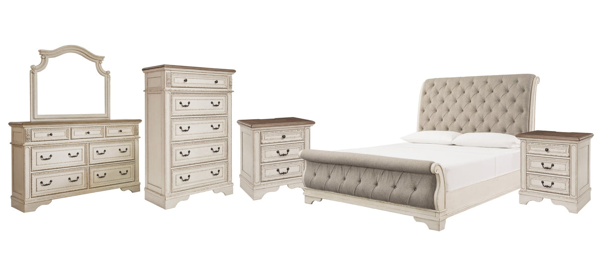 Realyn King Sleigh Bed with Mirrored Dresser, Chest and 2 Nightstands - furniture place usa