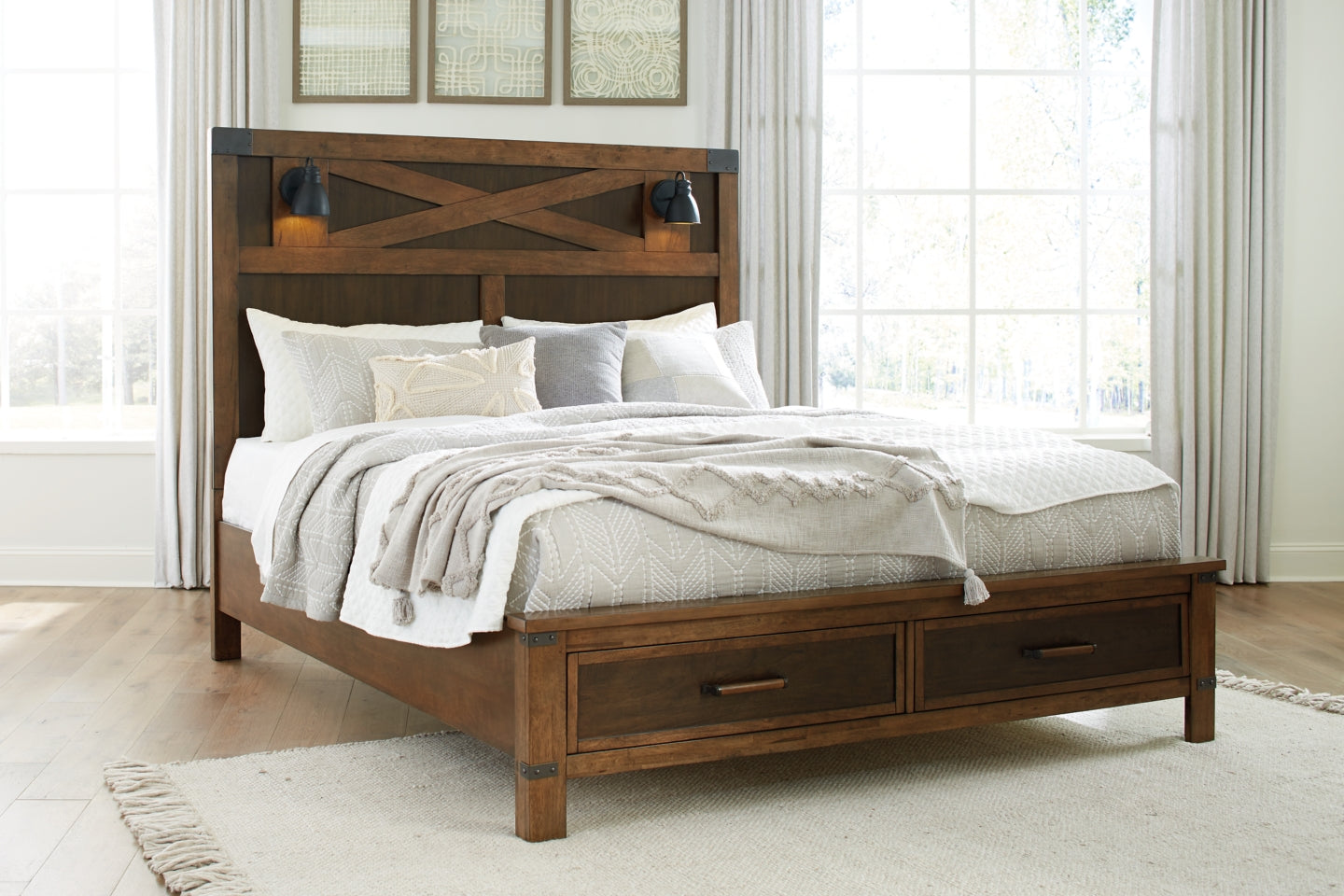 Wyattfield Queen Panel Bed with Storage with Mirrored Dresser and 2 Nightstands - furniture place usa