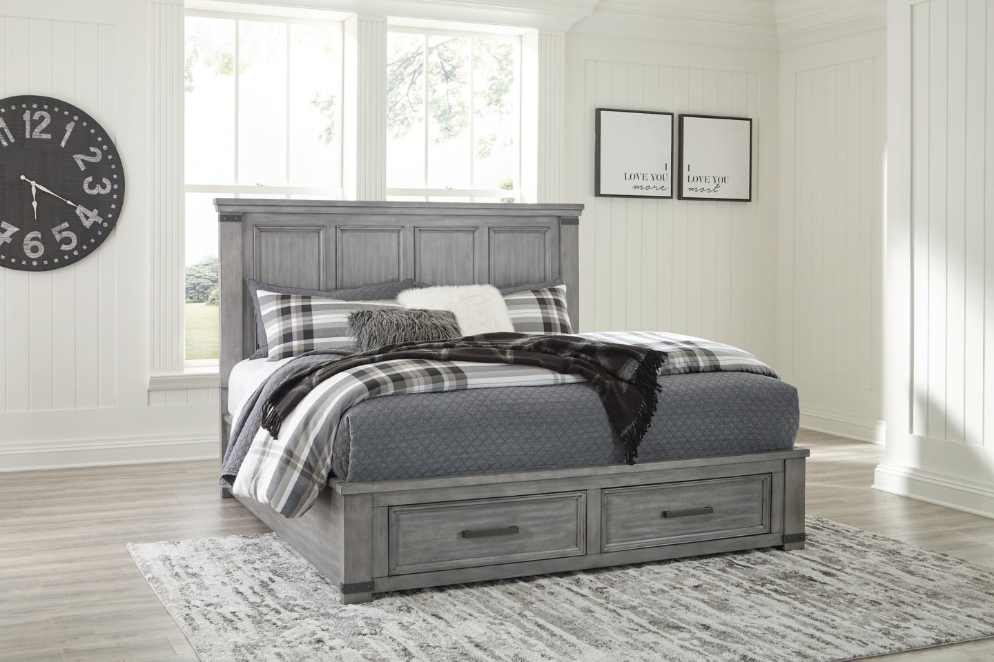 Russelyn King Storage Bed with Mirrored Dresser and Chest - furniture place usa