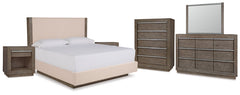 Anibecca Queen Upholstered Panel Bed with Mirrored Dresser, Chest and 2 Nightstands - furniture place usa
