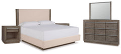 Anibecca Queen Upholstered Panel Bed with Mirrored Dresser and 2 Nightstands - furniture place usa