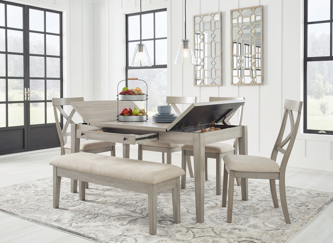 Parellen Dining Table and 4 Chairs and Bench - furniture place usa