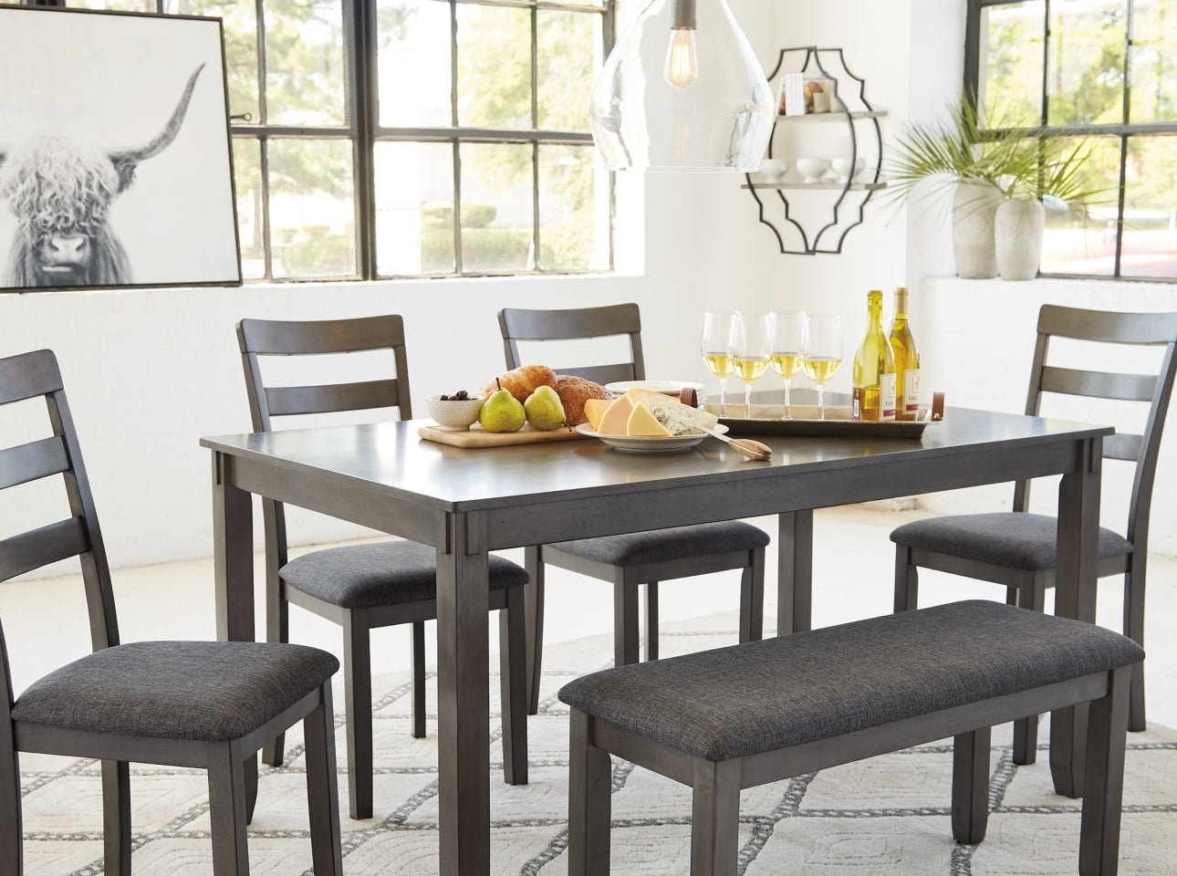 Bridson Dining Table and Chairs with Bench (Set of 6) - furniture place usa