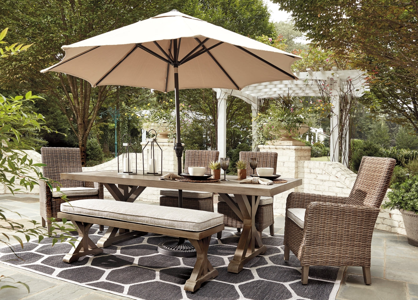 Beachcroft Outdoor Dining Table and 4 Chairs and Bench - PKG000284 - furniture place usa