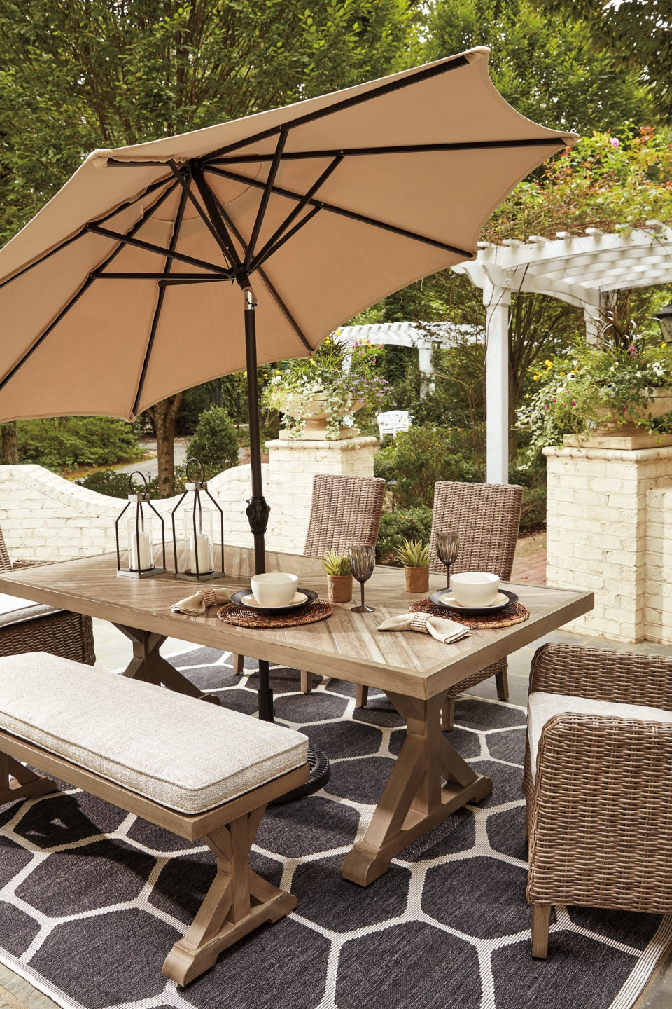 Beachcroft Outdoor Dining Table and 2 Chairs and 2 Benches - furniture place usa